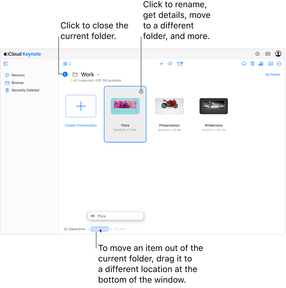 The presentation manager in Browse view, with a presentation being dragged to a new location (the Keynote folder) at the bottom of the window. Below the toolbar, a Back button appears to the left of the current folder name (Work).