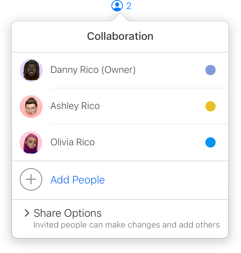 The Collaboration menu showing the names of people collaborating on the presentation. Share options are below the names.