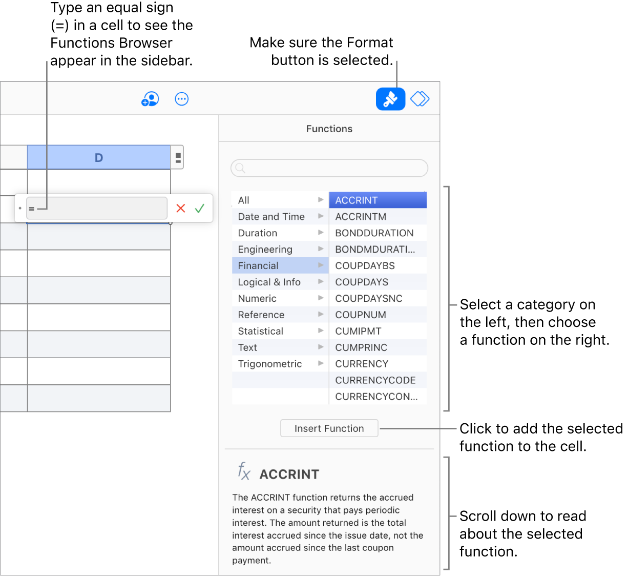 An equal sign appears in a table cell, the Format button is selected in the toolbar, and the Functions Browser appears in the Format sidebar on the right. The absolute value function is selected. A description of the function appears below the list of functions.