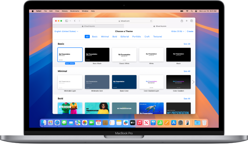 MacBook Pro with the Keynote theme chooser open on the screen. The first Basic theme is selected, and other basic themes appear to its right, and predesigned themes appear below in rows by category.