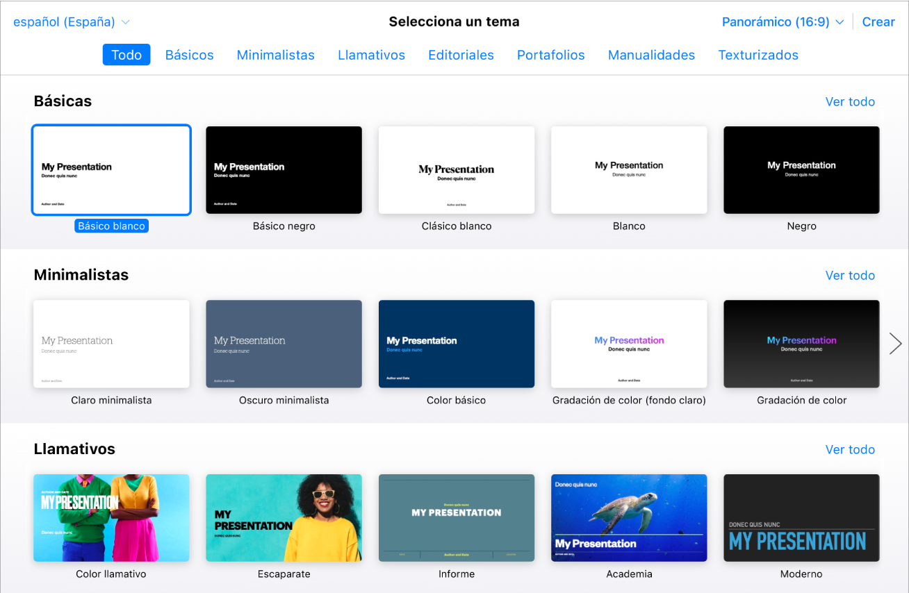El selector de temas mostrando varias miniaturas de plantillas. Se selecciona el tema Básico blanco.