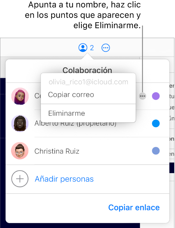 El menú Colaboración abierto, con el botón Más a la derecha del primer participante seleccionado, y la opción Eliminarme disponible.