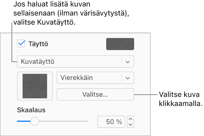 Sivupalkissa on valittuna Täyttö-valintaneliö, jonka alla olevassa ponnahdusvalikossa on valittuna Kuvatäyttö. Toiminnot kuvan valitsemista, sen objektin täyttötavan valintaa ja kuvan skaalaamista varten ovat ponnahdusvalikon alla. Väritäytön esikatselu näkyy neliössä (kun kuva on valittu).