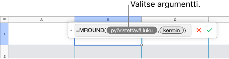 Kaavanmuokkaajassa SUMMA-funktio lisättynä ja selite arvoargumentin merkkiin.