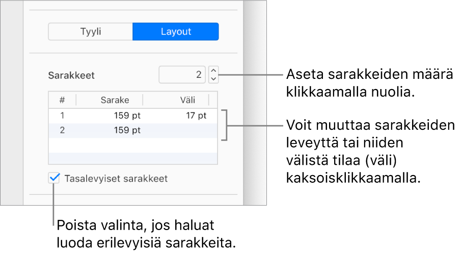 Kuvassa näkyvät Muoto-sivupalkin Asettelu-osion tekstisaraketoiminnot.