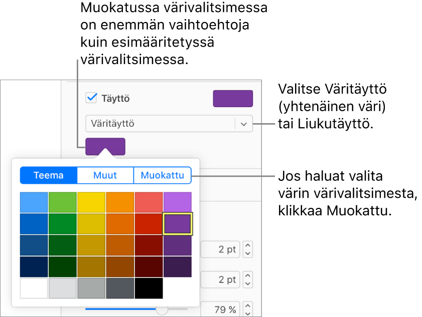 Väritäyttö on valittu Täyttö-valintaneliön alla olevassa ponnahdusvalikossa ja ponnahdusvalikon alla oleva värivalitsin näyttää lisää väritäyttövaihtoehtoja.
