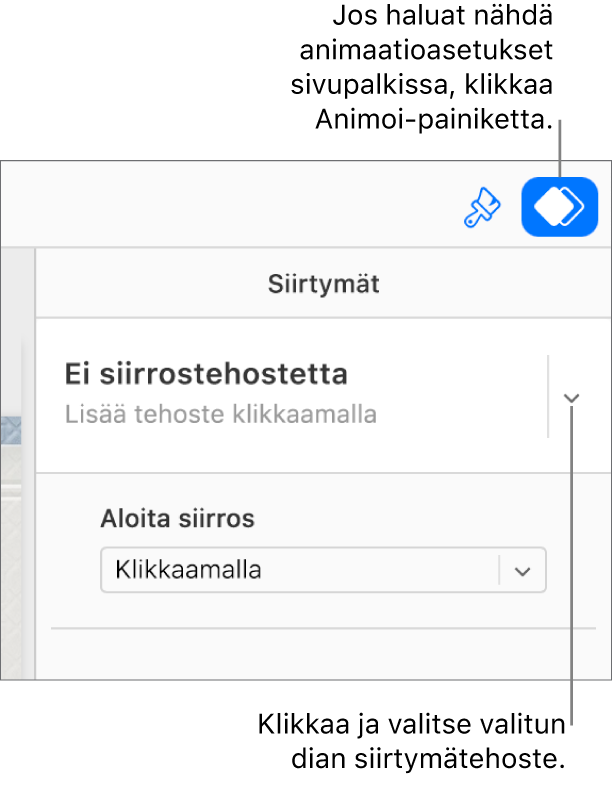 Työkalupalkin Animaatio-painike on valittuna. Sivupalkin Siirtymät-ponnahdusvalikossa näkyy Ei aloitustehostetta -asetus.