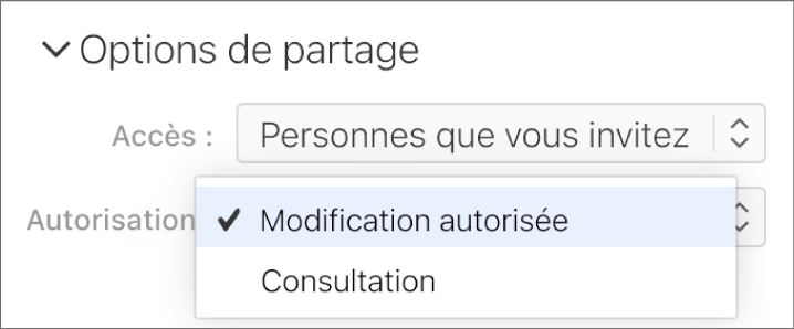 Le menu local Autorisations sous Options de partage est ouvert, avec des options permettant aux utilisateurs de modifier une présentation ou de la consulter seulement.