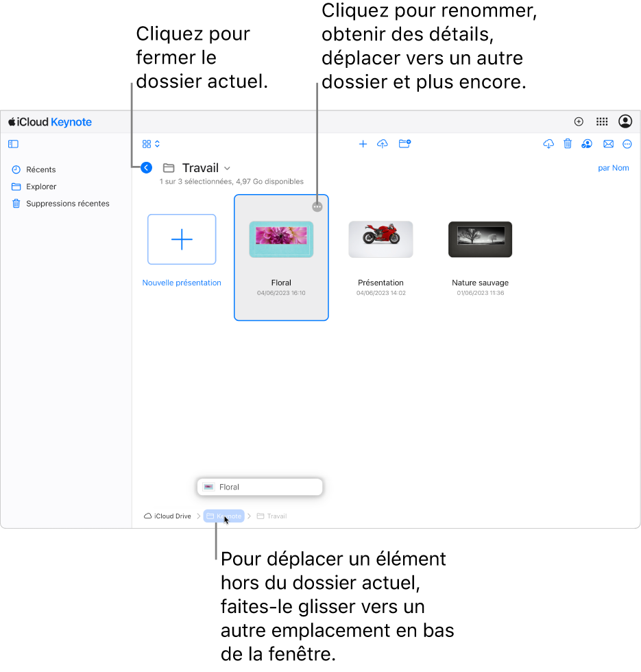 Le gestionnaire de présentations en présentation de navigation, montrant le glissement d’une présentation vers un nouvel emplacement (le dossier Keynote) au bas de la fenêtre. Sous la barre latérale, un bouton Retour s’affiche à gauche du nom du dossier en cours (Travail).