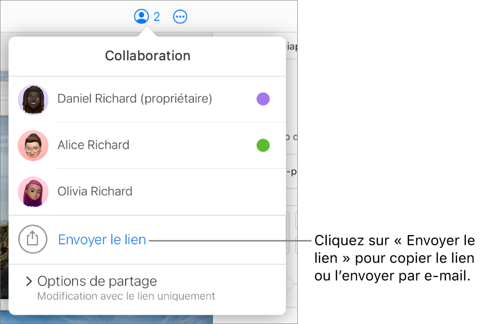 Le menu Collaboration est ouvert, avec une option Envoyer le lien sous la liste des participants.