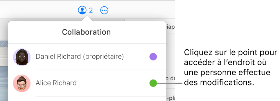 Le menu Collaboration est ouvert, avec deux participants et un point de couleur différent à droite du nom de chacun d’eux.