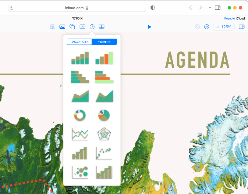 כפתורי האובייקטים ״טבלאות״, ״תרשימים״, ״מלל״, ״צורות״ ו״תמונה״ מופיעים בסרגל הכלים. התפריט הקופץ ״תרשימים״ פתוח, והכפתורים ״דו-ממדי״ ו״אינטראקטיבי״ מופיעים בחלק העליון. הכפתור ״דו-ממדי״ מסומן ומוצגות תמונות ממוזערות של מגוון תרשימים דו-ממדיים לבחירה.