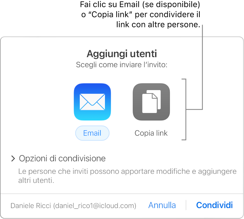 La finestra che appare quando fai clic sul pulsante Collaborazione nella barra strumenti (prima di condividere una presentazione). I pulsanti Email e Copia link ti consentono di scegliere come condividere la presentazione.