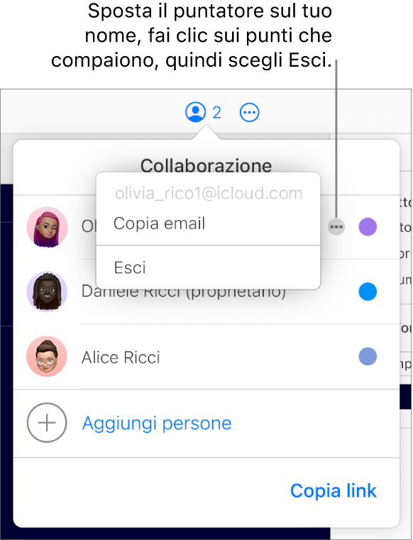 Il menu Collaborazione aperto, con il pulsante Altro a destra del primo partecipante su cui hai fatto clic, e un’opzione Rimuovimi disponibile.