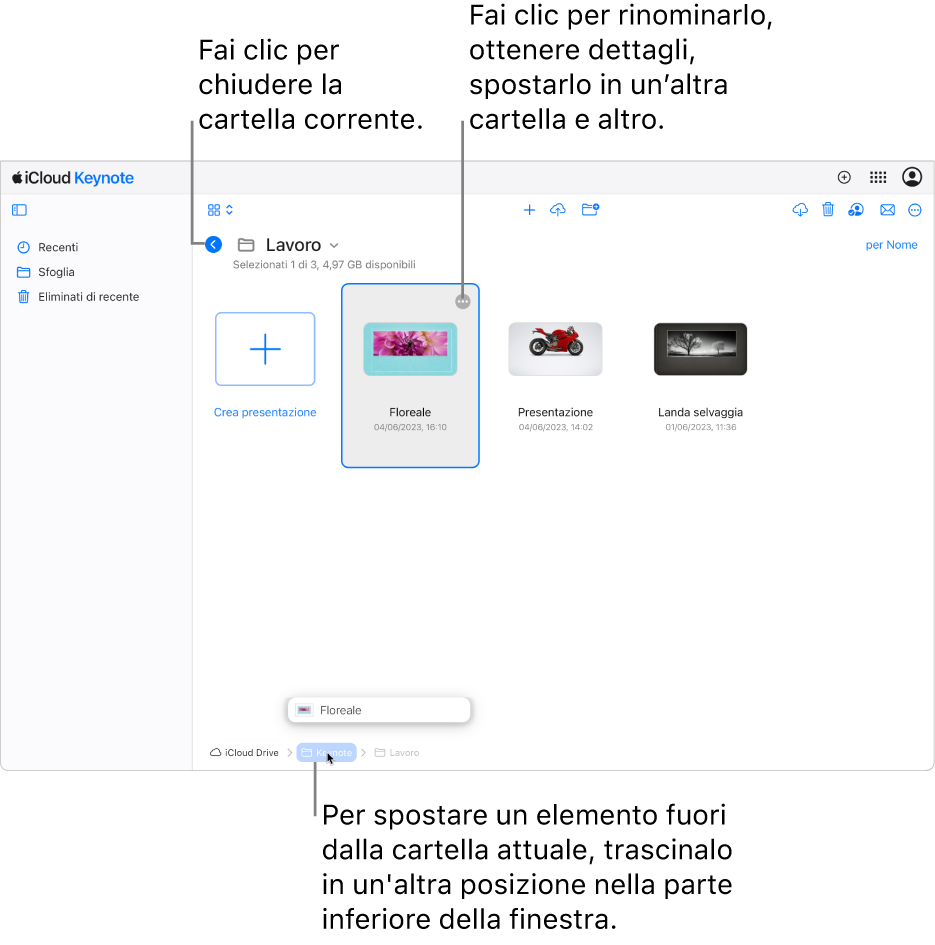 La vista Sfoglia del gestore presentazioni, con un documento che viene trascinato in una nuova posizione (la cartella di Keynote) nella parte inferiore della finestra. Sotto la barra strumenti, il pulsante Indietro viene visualizzato a sinistra del nome della cartella visualizzata (Lavoro).