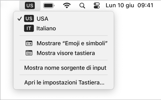 Il menu Input è aperto nella parte superiore destra della barra dei menu e mostra un numero di lingue disponibili, elementi del menu per aprire il Visualizzatore di Emoji, simboli e tastiera, e altro ancora.