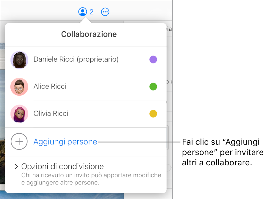 Il menu Collaborazione aperto, con un’opzione “Aggiungi persone” sotto l’elenco dei partecipanti.