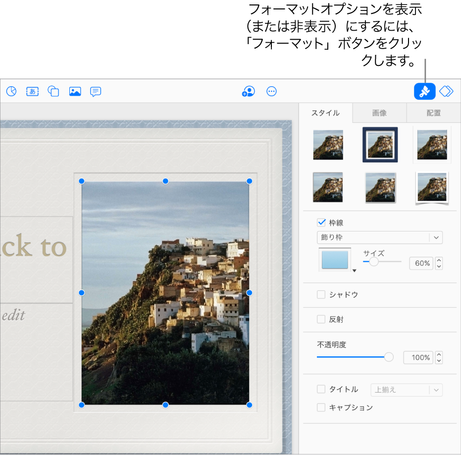 プレゼンテーション内の画像が選択され、その外観を変更するためのコントロール（枠線やシャドウのチェックボックスなど）が右側のサイドバーに表示されています。