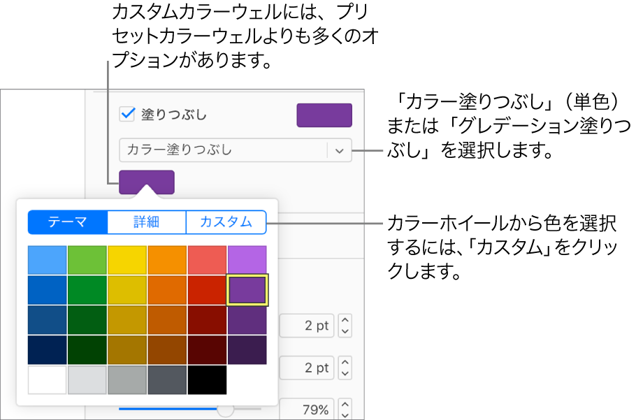 「塗りつぶし」チェックボックスの下のポップアップメニューで「カラー塗りつぶし」が選択されており、ポップアップメニューの下のカラーウェルに追加のカラー塗りつぶしオプションが表示されています。