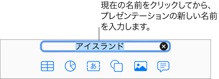 開いているプレゼンテーションの上部で現在のプレゼンテーション名（「プレゼンテーション」）が選択されています。