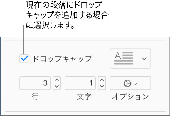 「ドロップキャップ」チェックボックスがオンになると、その右側にポップアップメニューが表示されます。その下に、行の高さや文字数などのオプションを設定するためのコントロールが表示されます。