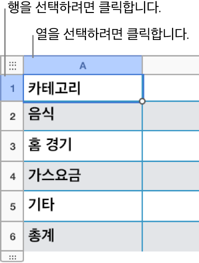 행 및 열 선택 항목에 설명선이 표시되어 있는 선택한 표 행.