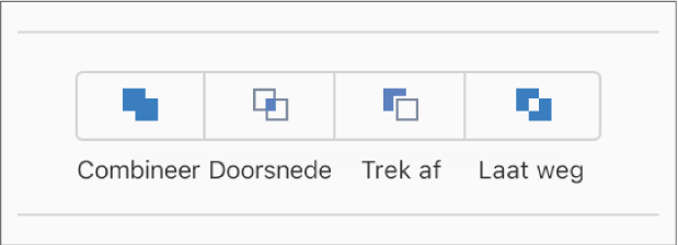 De knoppen 'Voeg samen', 'Doorsnede', 'Trek af' en 'Laat weg' onder in het tabblad 'Orden' in de navigatiekolom 'Opmaak'.