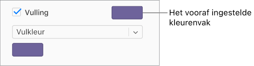 Het aankruisvak 'Vulling' is ingeschakeld in de navigatiekolom en het vooraf ingestelde kleurenvak rechts van het aankruisvak is gevuld met paars. Onder het aankruisvak is 'Vulkleur' geselecteerd in het pop‑upmenu.