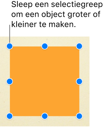 Een vierkant object met selectiegrepen zichtbaar op elke hoek en in het midden van elke zijde.