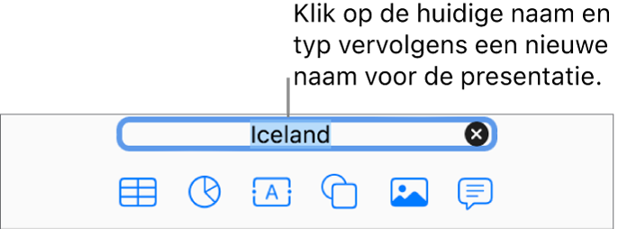De naam van de presentatie, Presentatie, geselecteerd boven in de open presentatie.