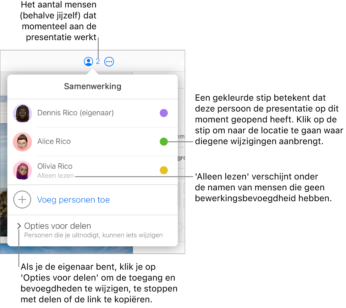 Het geopende samenwerkingsmenu met een lijst van drie deelnemers (één met de bevoegdheid 'Alleen lezen'), een optie om mensen toe te voegen en het gedeelte 'Opties voor delen'.