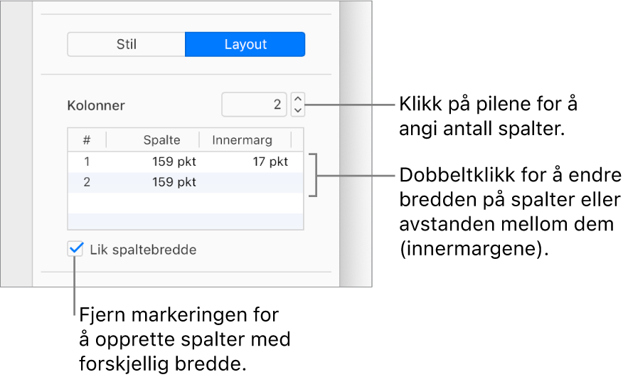 Kontrollene for tekstkolonner i Layout-delen i Format-sidepanelet.