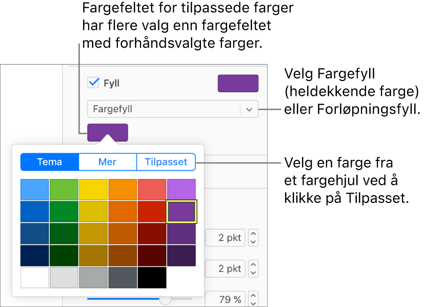 Fargefyll er valgt i lokalmenyen under Fyll-avkrysningsruten, og fargefeltet under lokalmenyen viser flere valg for fargefyll.