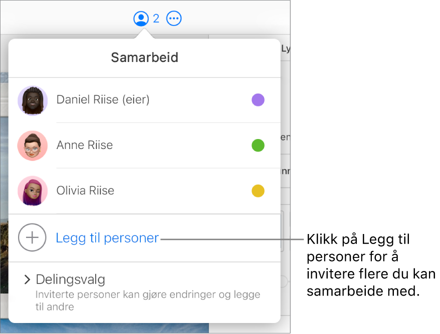 Samarbeid-menyen er åpen, og valget Legg til personer vises under deltakerlisten.