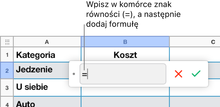 Edytor formuł ze znakiem = i bez wprowadzonej formuły.