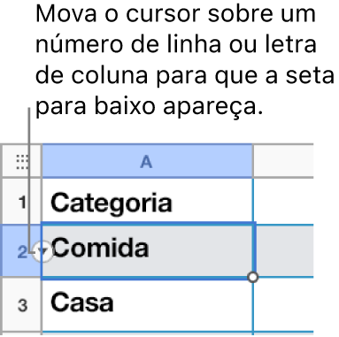 Um número de linha é selecionado em uma tabela e uma seta para baixo fica visível à sua direita.