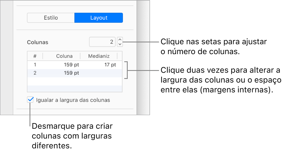 Os controles da coluna de texto na parte Layout da barra lateral Formatar.