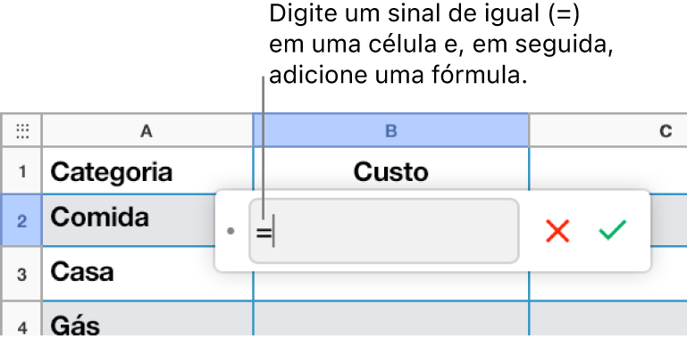 O Editor de fórmula com = e nenhuma fórmula inserida.