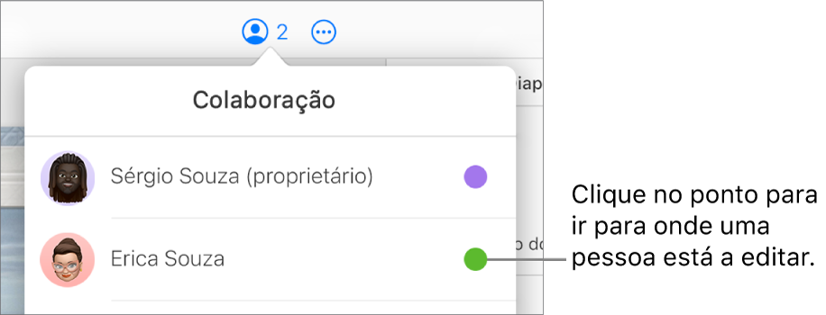 O menu Colaboração abre-se com dois participantes e um ponto colorido diferente à direita de cada nome.