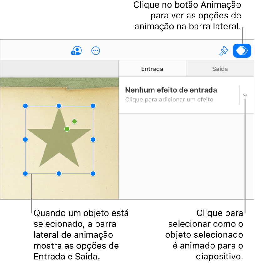 Está selecionado um objeto no diapositivo, o botão “Animação” está selecionado na barra de ferramentas e a opção “Nenhum efeito de entrada” está visível no menu pop-up “Entrada” na barra lateral.