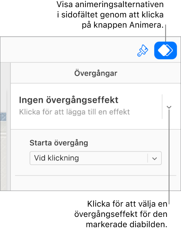 Knappen Animera är vald i verktygsfältet och ”Ingen inbyggningseffekt” visas i popupmenyn Övergångar i sidofältet.