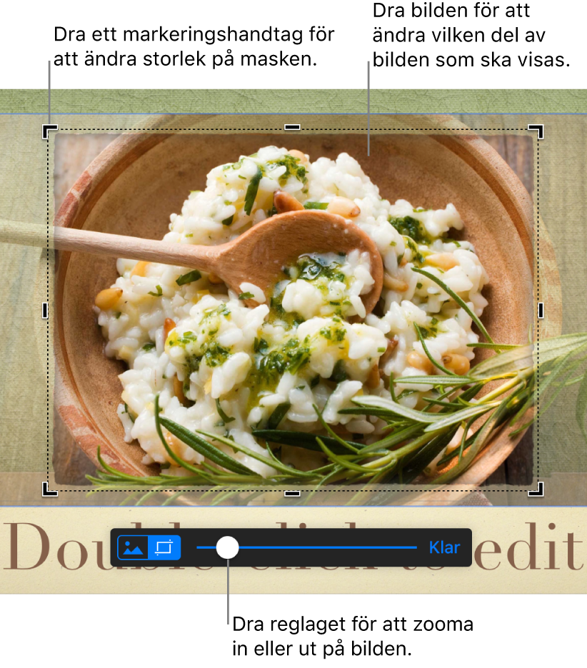 En markerad bild med maskreglage synliga längst ned. Pratbubblor anger ett hörnmarkeringshandtag, bildgränsen och dragreglaget på maskreglaget.