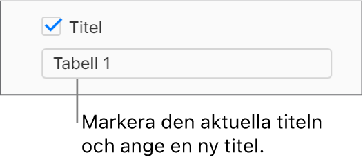 Kryssrutan Titel i sidofältet Format är markerad. Ett textfält nedanför kryssrutan visar tabellens platshållartitel, ”Tabell 1.”