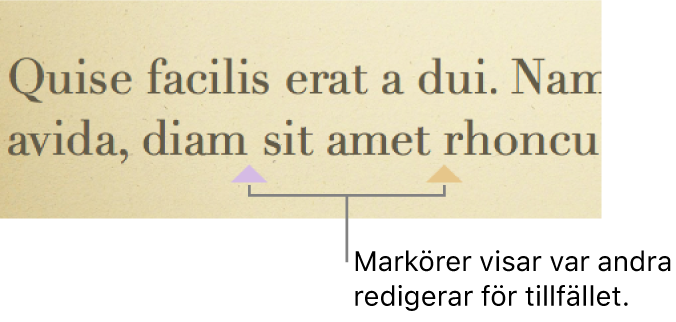 Markörer i olika färger som visar var andra personer redigerar i en delad presentation.