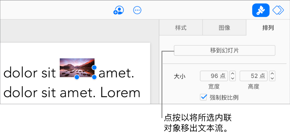已选中文本框内的内联图像，“移动到幻灯片”按钮在边栏中的“排列”标签中处于可见状态。