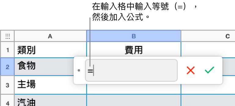 已在公式編輯器中輸入等號（=），但尚未輸入公式。