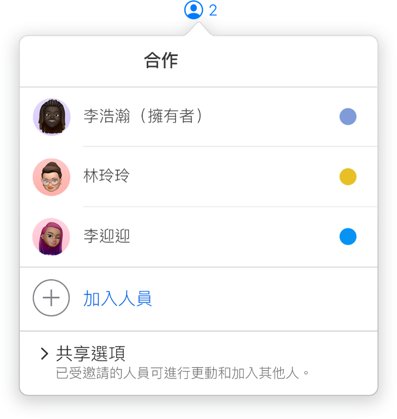 「合作」選單顯示了共同合作處理簡報的人員名稱。共享選項位於名稱下方。