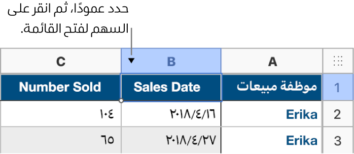 جدول مع تحديد العمود الثاني؛ يظهر سهم على يسار حرف العمود B.