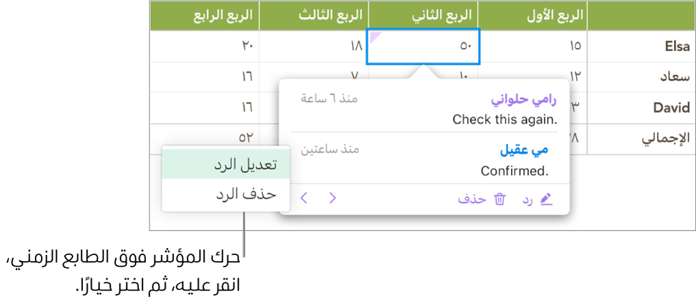 تعليق يحتوي على رد، مع وجود المؤشر فوق الطابع الزمني للرد، ويظهر بالقائمة المنبثقة خياران وهما: تحرير رد وحذف رد.