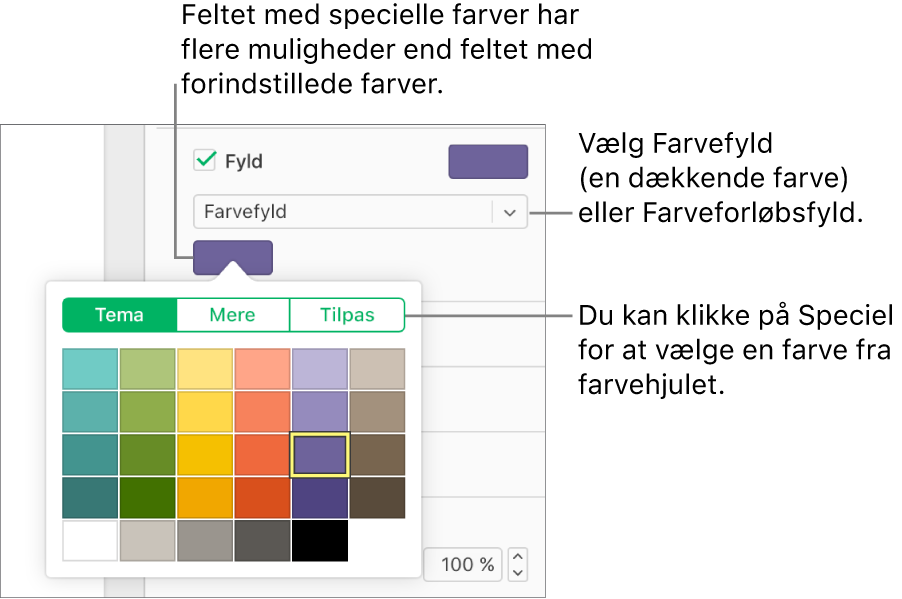 Farvefyld er valgt på lokalmenuen under afkrydsningsfeltet Fyld, og farvefeltet under lokalmenuen viser yderligere muligheder for farvefyld.